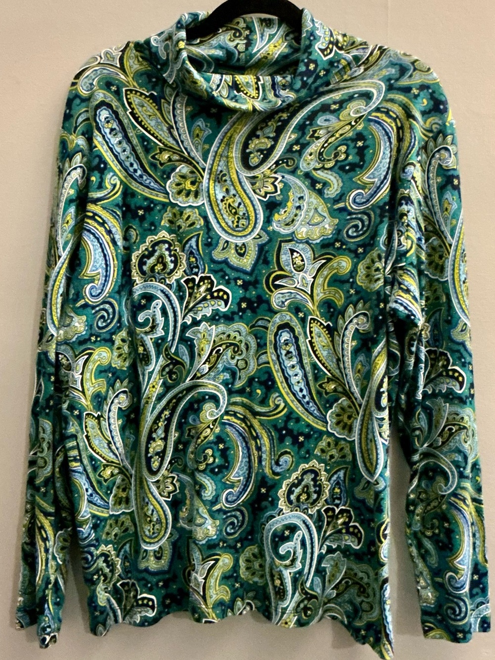 Jones New York 1X Paisley Turtleneck Top Teal Boho Retro Fall Layering